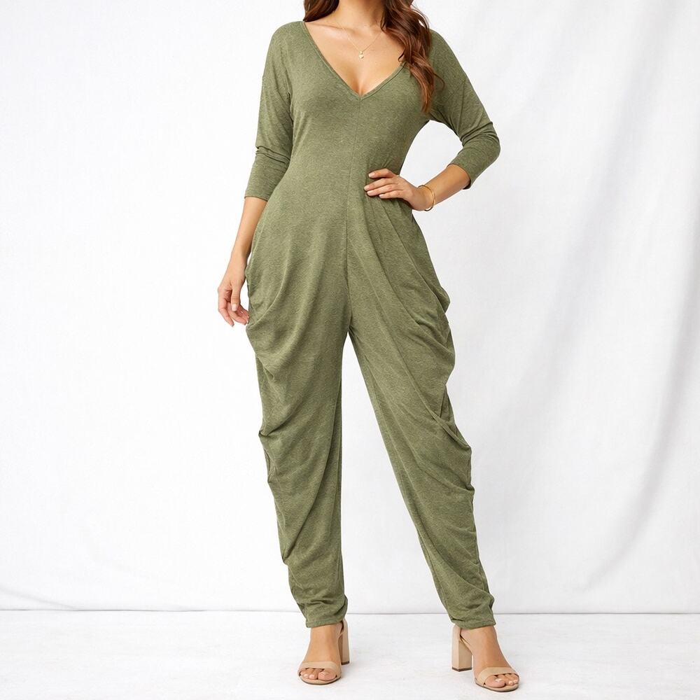 Halara Jumpsuit Women’s XS Heather Green Ruched Leg Open Back Comfy Soft NWT